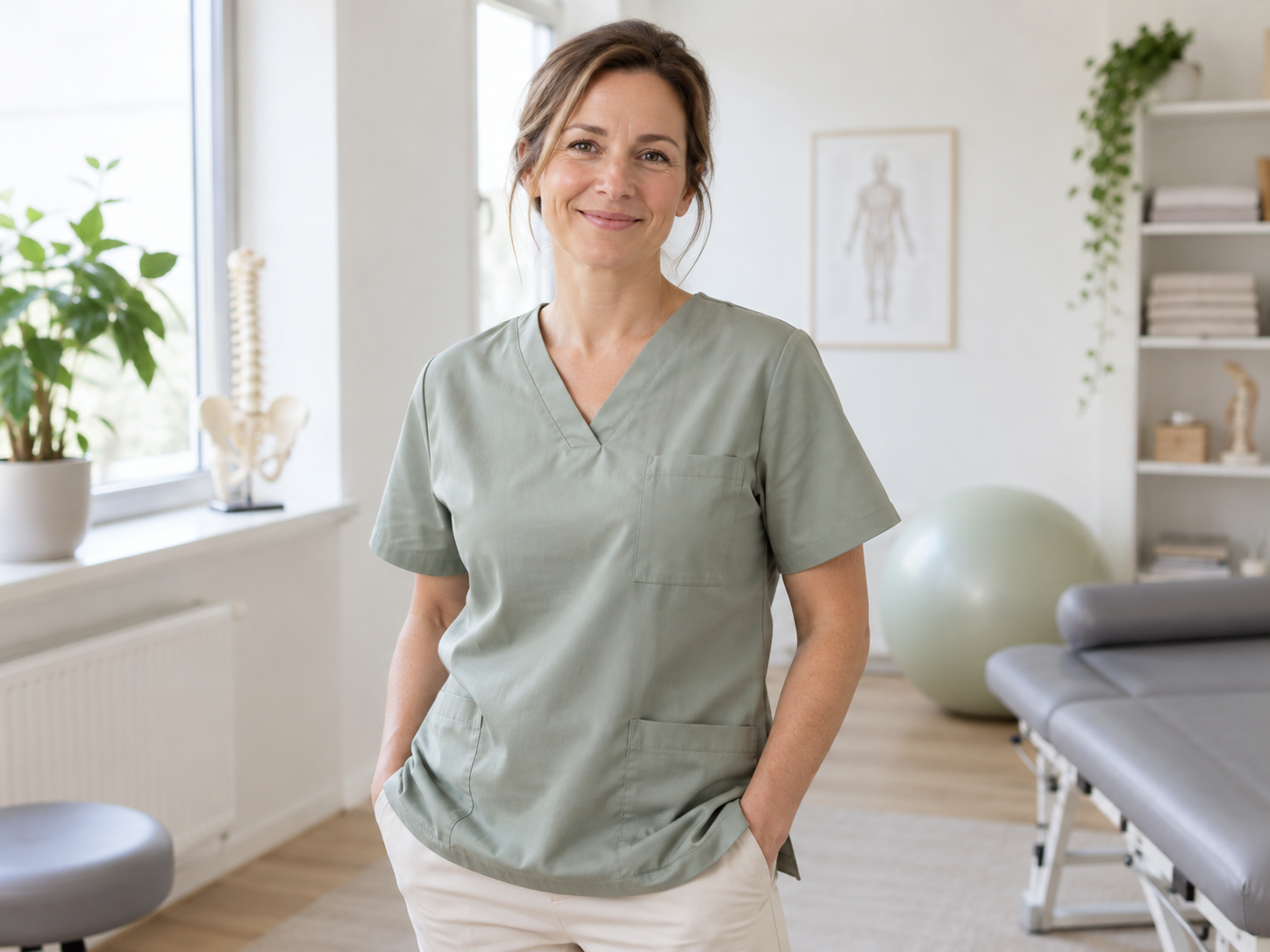Physiotherapeutin in heller Arbeitskleidung in einer freundlichen Praxis