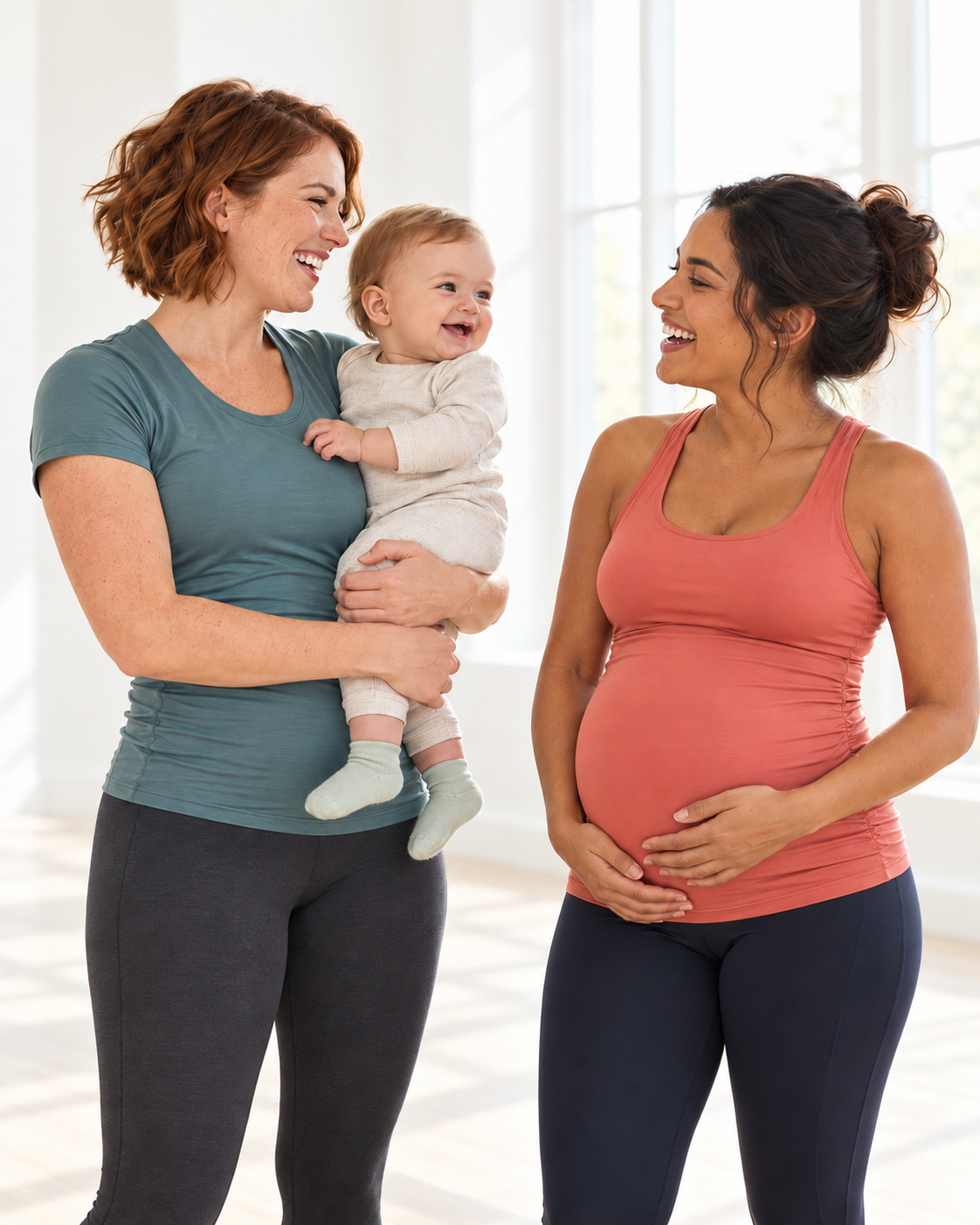 Mutter mit Baby und Schwangere im Gespräch, in sportlicher Kleidung